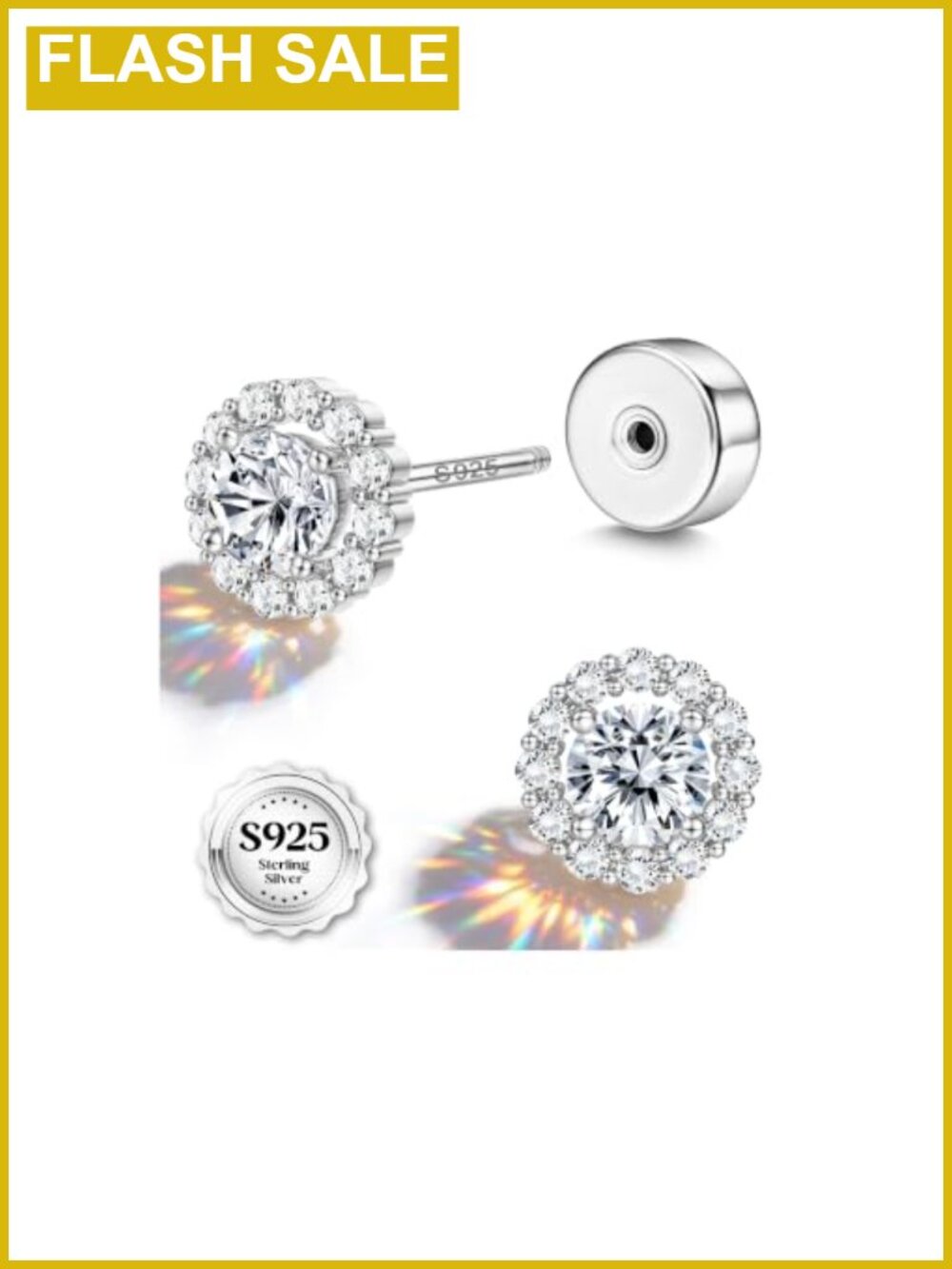 925 Sterling Silver Halo Stud Earrings Cubic Zirconia Flat Back